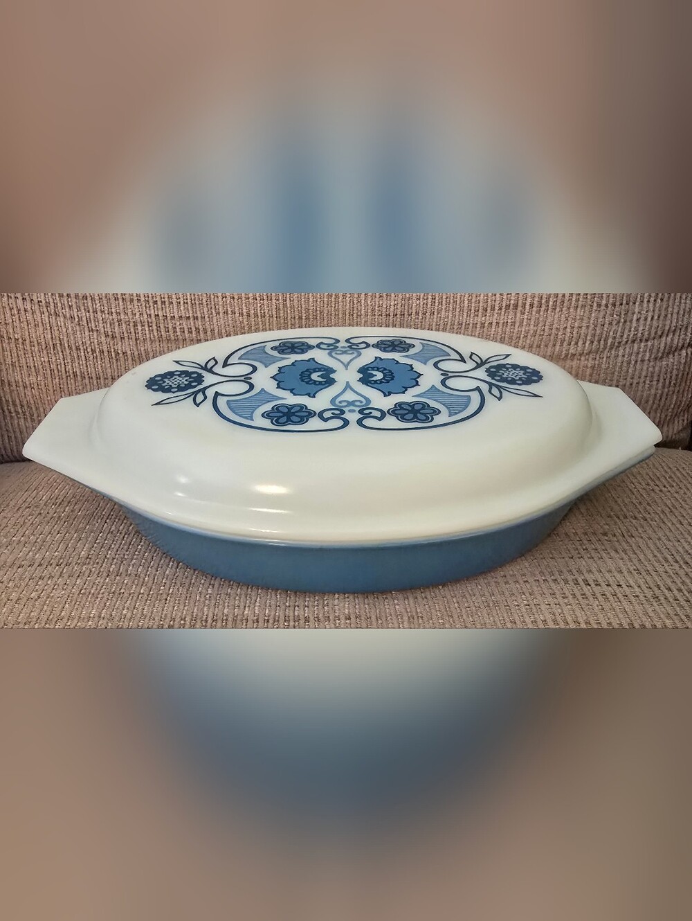 Vintage Pyrex Blue Floral Divided Covered Casserole Dish